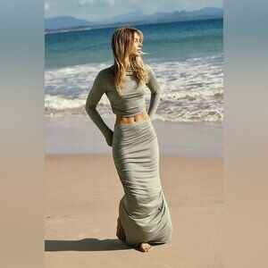 Free People green Cierra knit maxi long skirt crop top shirt set outfit small